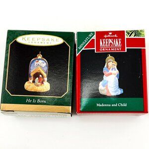2 Hallmark Miniature Christmas Ornaments He is Born 1997 Madonna & Child 1990